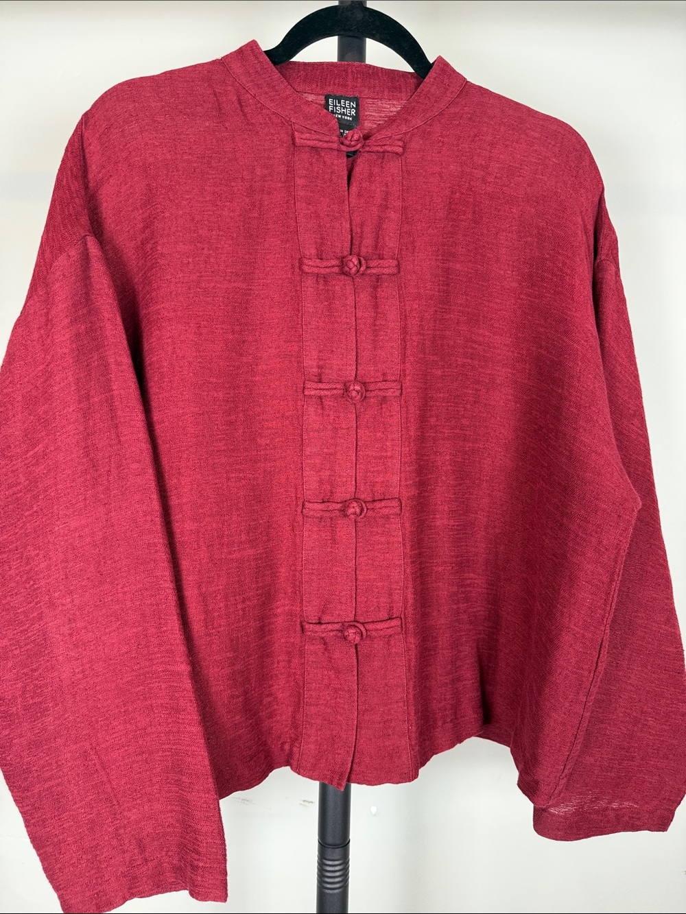 Eileen Fisher Red Linen Cotton Blend Mandarin Collar Frog Closure Jacket Shirt M